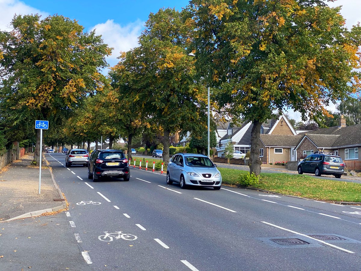 The dotted advisory lane has been made to a solid ‘mandatory’ lane and just like in Kettering, the lane briefly widens in this peculiar fashion at sides roads. The other side of the road has not received any such treatment. Why is this,  @NNHighways? If we don’t know, who will?