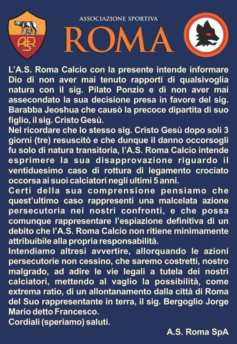 Gentile <a href="/OfficialASRoma/">AS Roma</a>, ho letto la vostra richiesta, ed ecco le mie condizioni: voglio la consacrazione dell'Olimpico, la celebrazione della santa messa prima delle partite, e Juan Jesus capitano a vita.