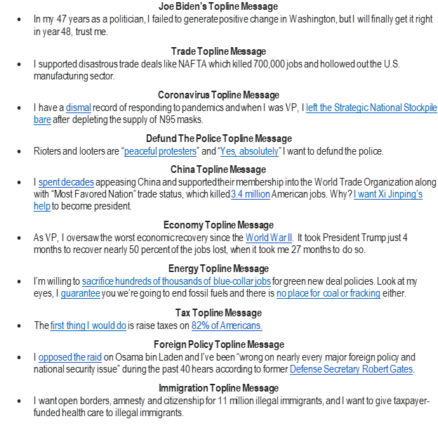 SteveGuest's tweet photo. Joe Biden is completely beholden to the teleprompter, so much so, he regularly requests assistance or he’ll read the “end of quote” or the “topline message.” 
 
Below are what Biden’s topline messages would be if he was actually upfront and honest about his radical agenda. https://t.co/1nXPLA2jvX