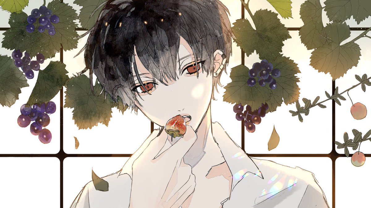 fruit food 1boy male focus grapes solo black hair  illustration images