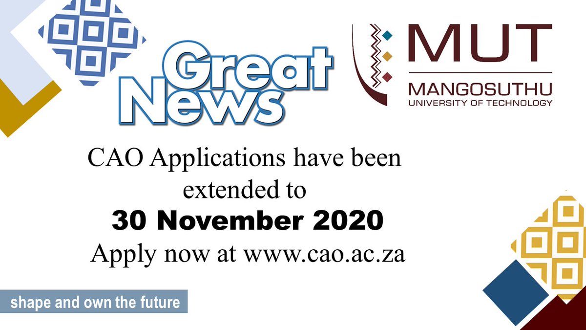 2021 Applications to study @MUTcampus extended to 30 November 2020.  We look forward to increasing our pre-alumni cohort in 2021.  Apply at cao.ac.za @CAOHouse