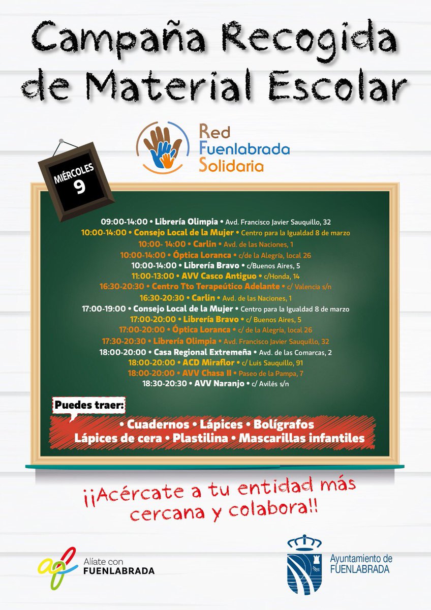 Un día más seguimos con la recogida de material escolar. Recuerda que tu aportación es clave para llevar a cabo esta labor. Hoy es el último día y si quieres colaborar con nosotr@s, puedes hacer tu donación en los puntos que te indicamos debajo.