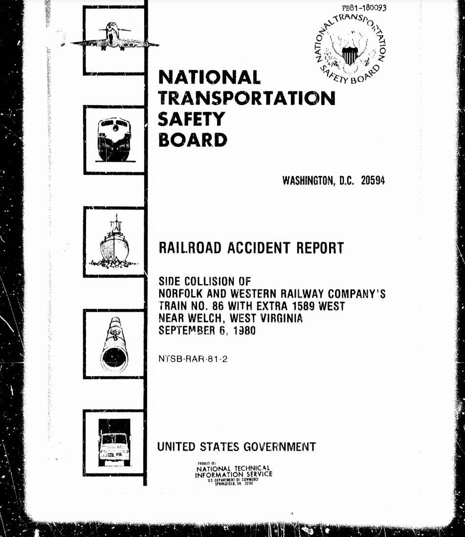 On September 6, 1980, in Welch, WV, we investigated the forty-first of 154  #PTC preventable accidents:  https://www.ntsb.gov/investigations/AccidentReports/Reports/RAR8102.pdf  #PTCDeadline  #NTSBmwl