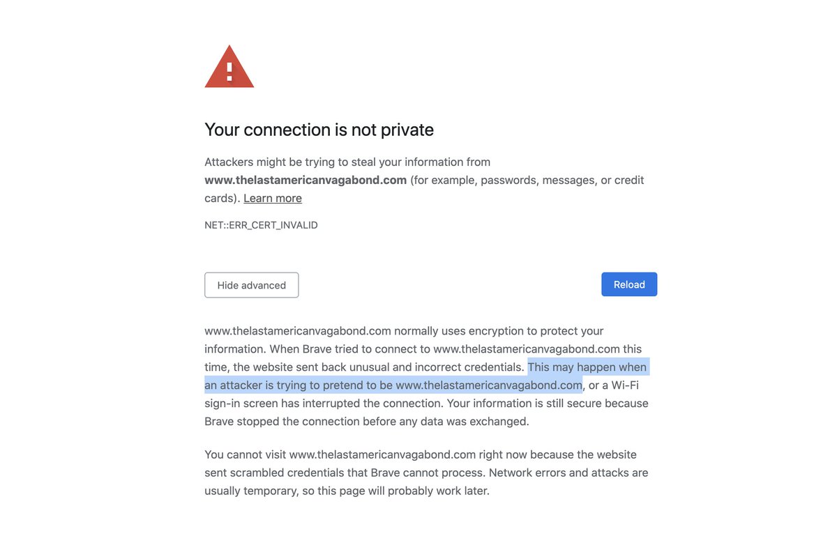 TLAVagabond's tweet photo. Well I don't see how it can be coincidence that less than 24 hours after @_whitneywebb's website was attacked, The Last American Vagabond website is now also under attack, again. This is not about an SSL certificate, we have been through this before, it's valid. It's #Censorship. https://t.co/aR2u9O2cxA