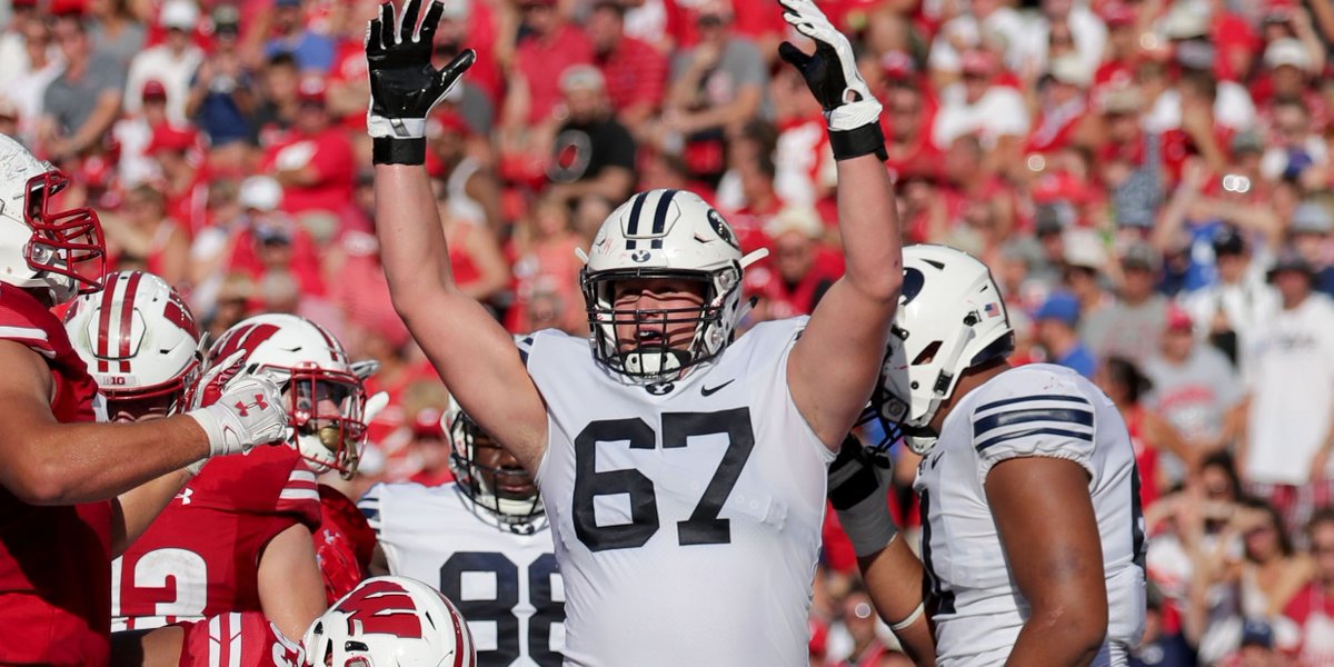 PFF_College's tweet photo. Highest-graded OL playing this fall:

1. Darian Kinnard, UK - 89.2
2. Jordan McFadden, Clemson - 88.3
3. Brady Christensen, BYU - 87.8
4. Teven Jenkins, Ok St - 85.7 https://t.co/5SYkY9Pi5z