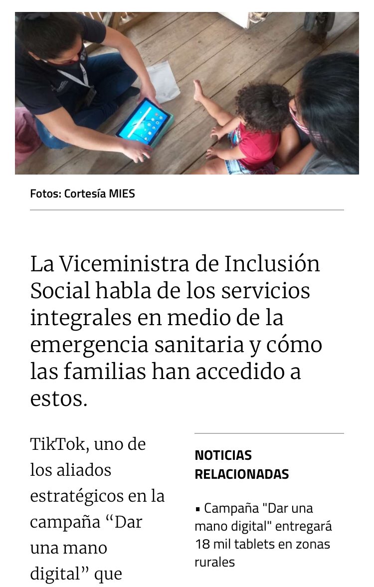 📰 | Viceministra <a href="/Alba_Jalon/">Alba Lorena Jalón Garces</a>: “Las tablets contribuyen al acceso de los servicios integrales del MIES que no se han paralizado en la pandemia”

#DarUnaManoDigital
#ConectamosFamilias 

<a href="/el_telegrafo/">El Telégrafo Ecuador</a> ▶️ bit.ly/33eICy6