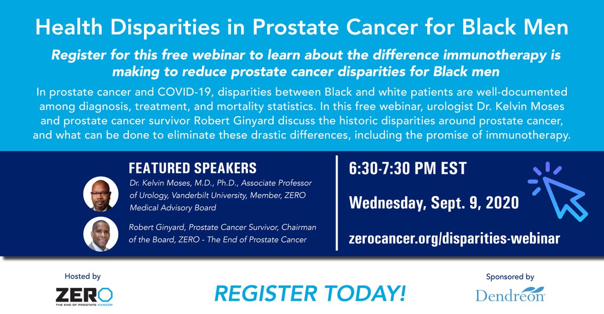 ZEROCancer's tweet image. TONIGHT: Health Disparities in Prostate Cancer for Black Men Webinar. @Drkelvinmoses06 &amp;amp; @RobertGinyard discuss the positive impact 1 #immunotherapy treatment's having to help lessen #racialdisparities in #prostatecancer. bit.ly/39U09i4 @DendreonNews #endprostatecancer