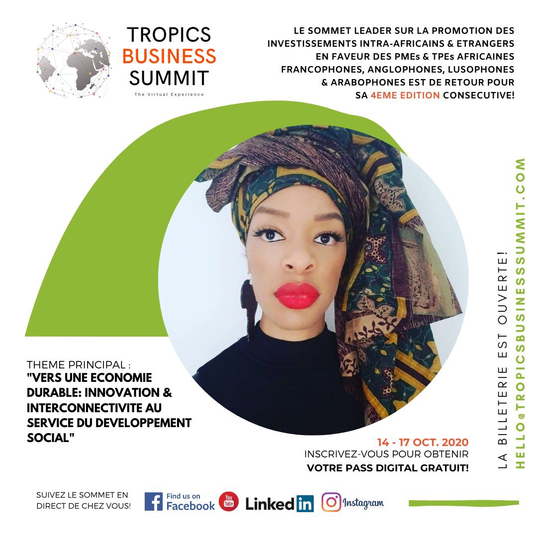 VeniciaGuinot's tweet photo. @tropicsbusiness @resetglobalpeop @TropicsMagazine @TonyOElumelu @BBGAfrica @ForbesWomanAfri @cnbcafrica @robertaannan @DisruptAfrica @africaDnews @NAkufoAddo @PresidencyZA @VenturesAfrica @BillClinton @VoiceOfCongo @jeune_afrique @JA_Eco @Forbes_Afrique @TropicsSummit @TropicsGroup @TheGGDA @GovernmentZA @NdzaviDerrick @AfrAsiaMRUOpen @sbmmauritius @airmauritius @Face2faceAFRICA @Ladybrille @m_ajohnson @RTMediaComms @BisilaBokoko @PaulKagame @SongweVera @TropicsFood @vanessaperumal @dreamday42 @ECAfrica_ZA @thefashionbomb @bellanaijastyle @FashionGhana @SheInspiresHer @Moguldom @Terangaweb @forbesafrica @CamaraTigui @JJNYEMB @AmandaBlackSA @ChPandanzyla @aguribfakim #TeamDRCongo is in the house! 🇨🇩
Join @JoyYtal at the 4th annual #TropicsBusinessSummit - The Virtual Experience. 
Mark your calendars and join us from the 14th to 17th October 2020 live at https://t.co/pF6Y1Eqx7b - Stay safe and watch #TropicsSummitFromHome or your office. https://t.co/NQj7T4LEyw