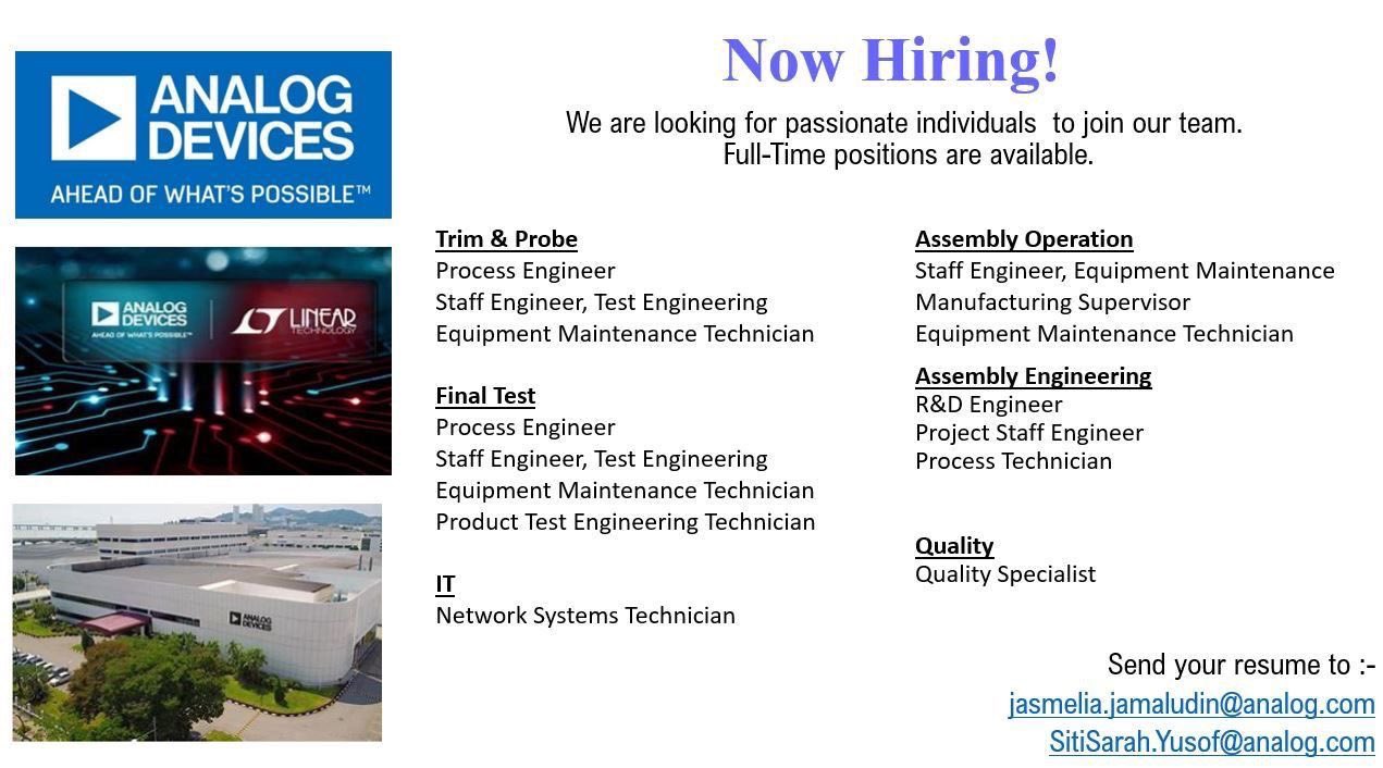 Getme Hired On Twitter Analog Devices Is Hiring Process Engineer R Amp D Engineer Project Staff Engineer Process Technician Others Interested Send Your Cv Resume To Jasmelia Jamaludin Analog Com Or