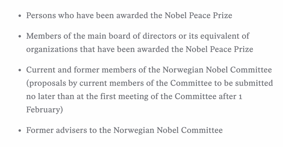 The Nobel Foundation lays it out simply: if you belong to one of these groups, your nomination of someone is valid.  https://www.nobelpeaceprize.org/Nomination/Criteria-for-nominators