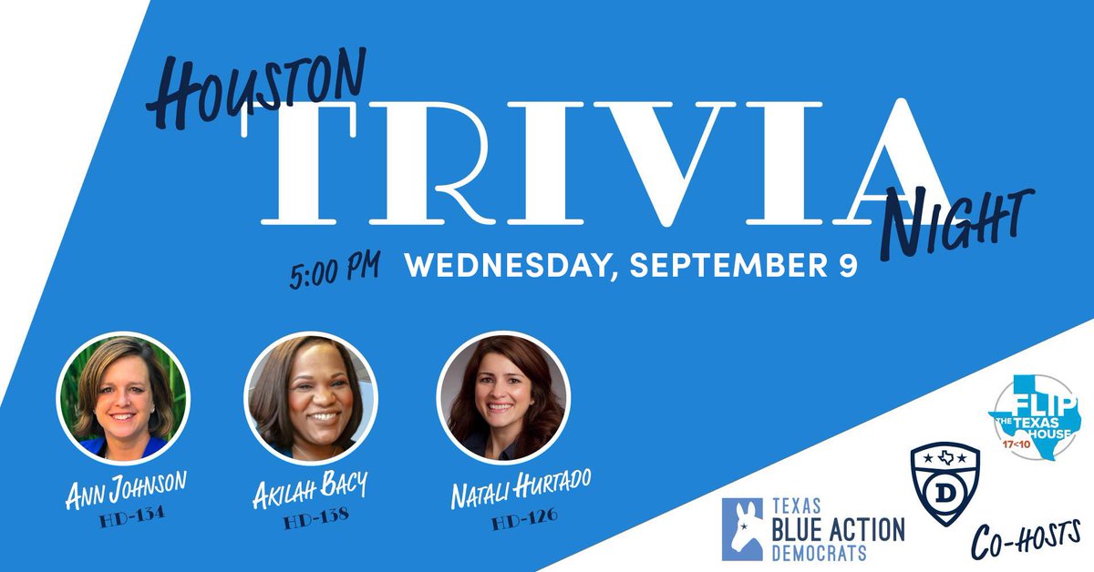 Today at 5! #Houston Trivia w/ ⁦@CollegeDemsTX⁩ & ⁦@NataliforTexas⁩ ⁦@AkilahBacy⁩ ⁦@VoteAnnJohnson⁩! 

Learn about H-Town AND these awesome women working hard to flip #Texas House seats!
#electTexaswomen ⁦@blueactiondems⁩ 

>>>secure.actblue.com/donate/houston…