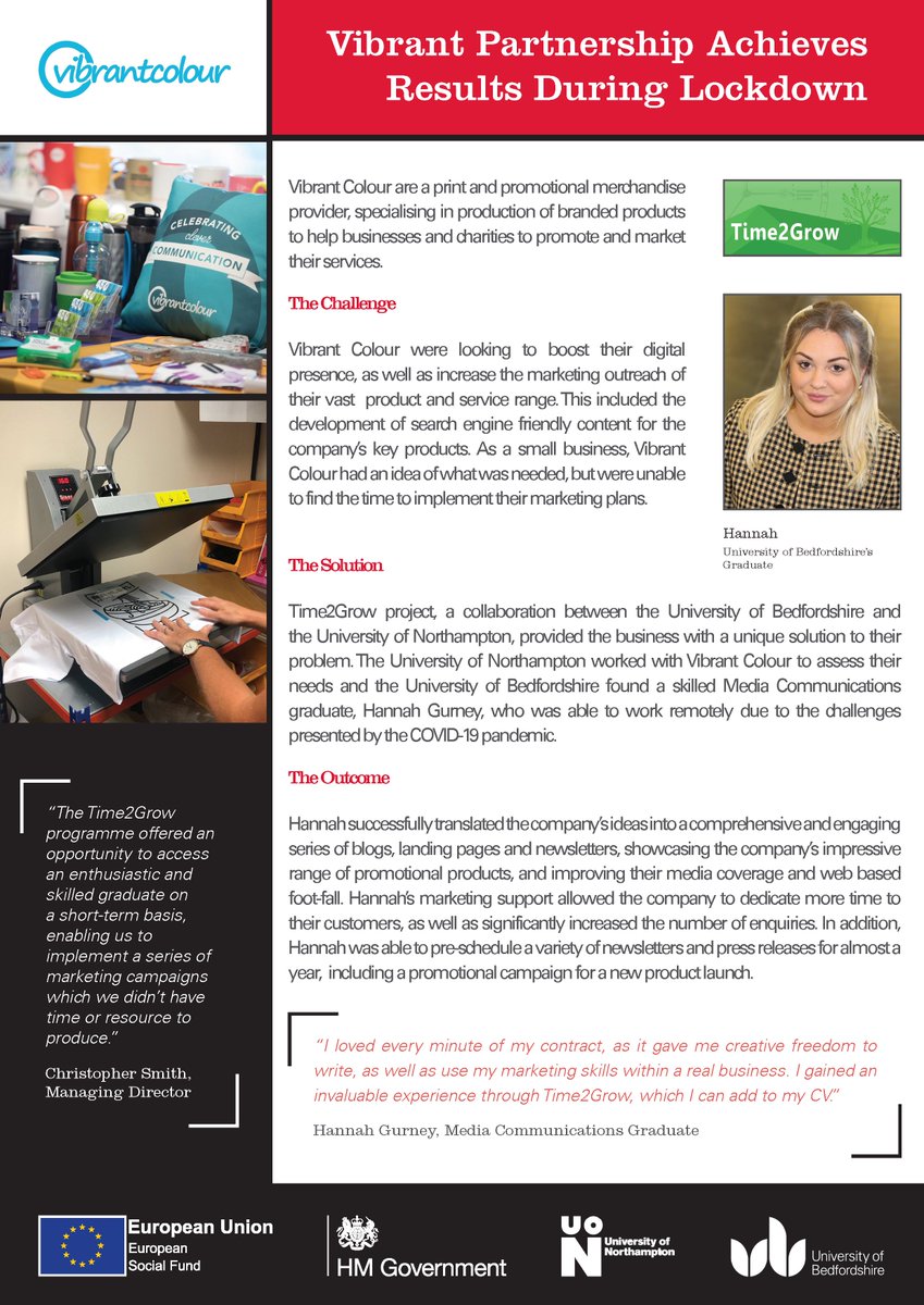Hot off the press! Time2Grow project, a #collaboration between the <a href="/uniofbeds/">uniofbeds</a> and <a href="/UniNorthants/">UniofNorthampton</a> provided <a href="/Vibrant_Colour/">Vibrant Colour Promo</a> with a unique solution to finding the right expertise in the form of a skilled #uniofbeds graduate!

Other Case Studies: beds.ac.uk/ies/case-studi…

#time2grow