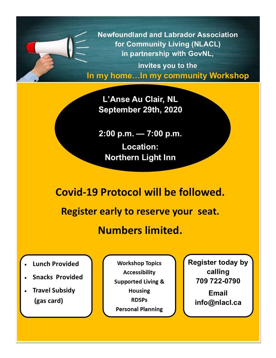 InclusionCanNL's tweet image. Pleased to announce in conjunction with the @CSSD_GovNL and @NLACL  that our "In Our Home - In Our Community workshop is coming to the Town of L'Anse au Clair. COVID 19 Protocols will be followed. Register by calling 709-722-0790 or eventbrite.ca/e/120187166049 @NLCODNL @LGHealthNL