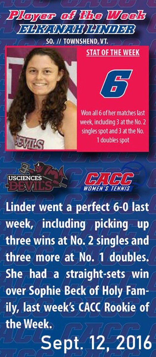 Over the course of the fall semester, the @CACC01 will be revisiting former Players of the Week. Up first for @USciences is women’s 🎾’ Elkanah Linder, from Sept. 12, 2016 #DevilsPride https://t.co/F3v482yuee