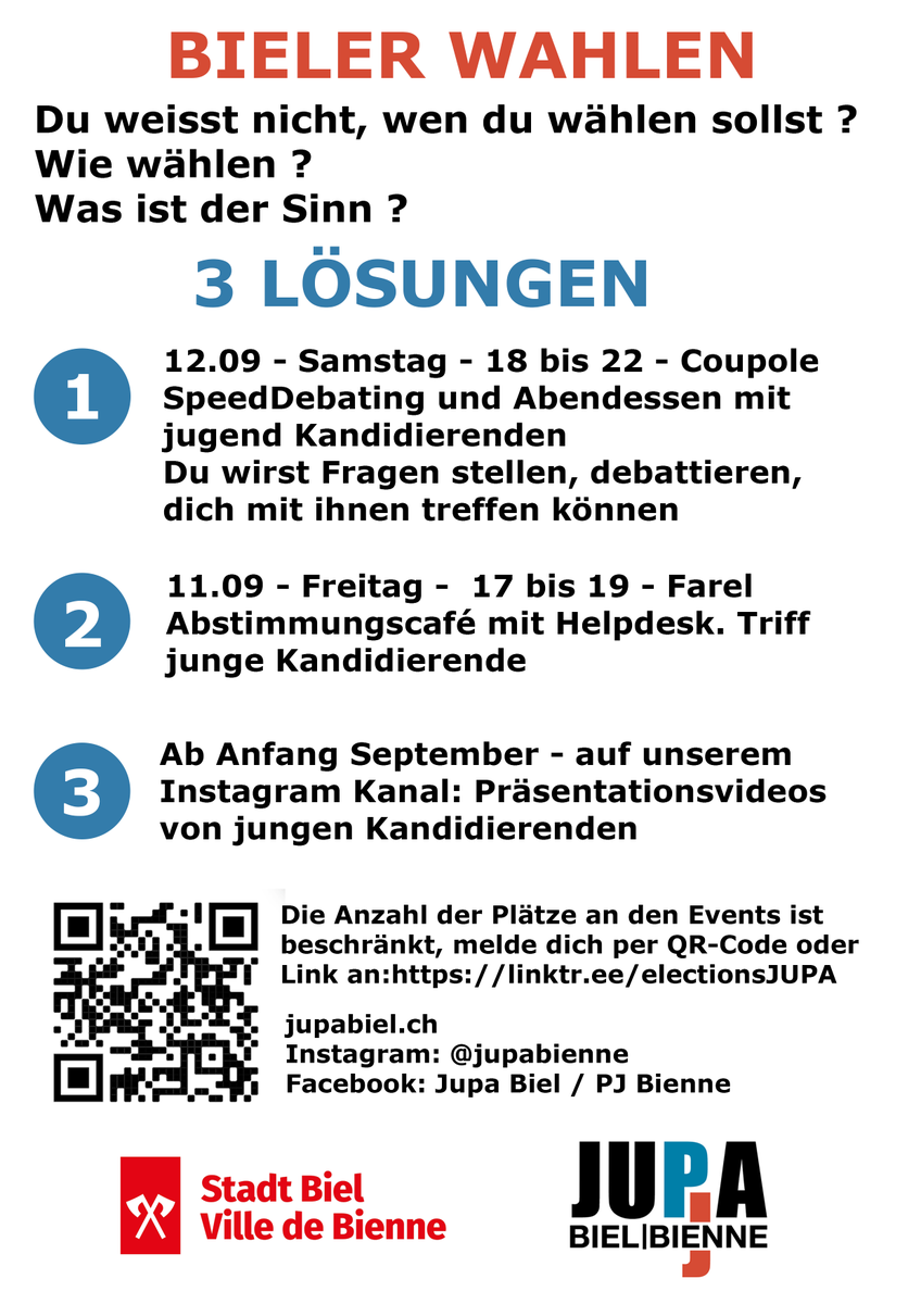 BielBienne_off's tweet photo. Du bist jung, in #Biel wohnhaft und weisst nicht, für wen und wie wählen? Das #Jugendparlament bietet Veranstaltungen zu den Wahlen an!
🔜 Freitag, 11.9. im #Farel Bistro
🔜 Samstag, 12.9. im #Chessu
Anmeldung 👉 QR-Code oder hier: https://t.co/N8mtXYCXj9 https://t.co/XneTIM4A95