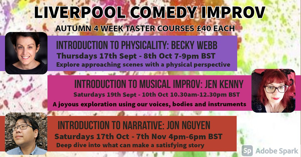 Boss Birds Improv Comedy Team (@bbcit_) on Twitter photo New 4 Week Autumn taster courses from <a href="/LivComedyimprov/">Liverpoolcomedyimpro</a>!
Add more tools to your improv toolkit with super talented improvisers and teachers!
Info Links here 👇
Physicality
bit.ly/physicalityini…
Musical
bit.ly/musicalimprovt…
Narrative
bit.ly/narrativeimpro… New 4 Week Autumn taster courses from <a href="/LivComedyimprov/">Liverpoolcomedyimpro</a>!
Add more tools to your improv toolkit with super talented improvisers and teachers!
Info Links here 👇
Physicality
bit.ly/physicalityini…
Musical
bit.ly/musicalimprovt…
Narrative
bit.ly/narrativeimpro…