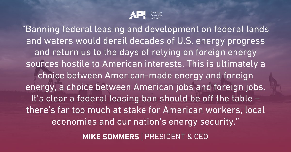 NEW ANALYSIS: A ban on natural gas and oil leasing and development on federal lands and waters would threaten U.S. energy security, American jobs and environmental progress. Learn more: bit.ly/32aH4pz