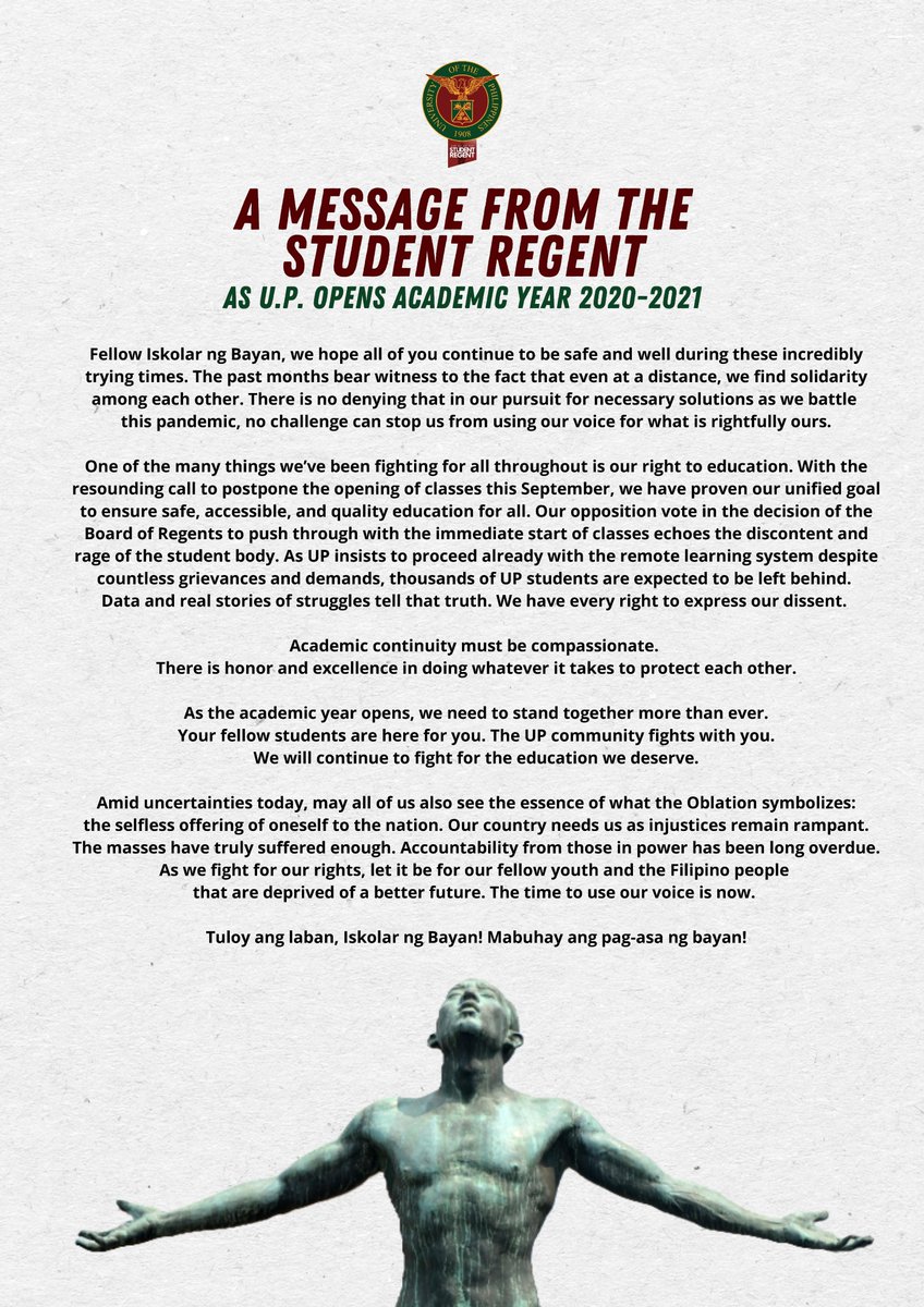 uposr's tweet image. A Message from the Student Regent as UP opens the Academic Year

#PostponeClassesUP 
#WalangIwananUP
