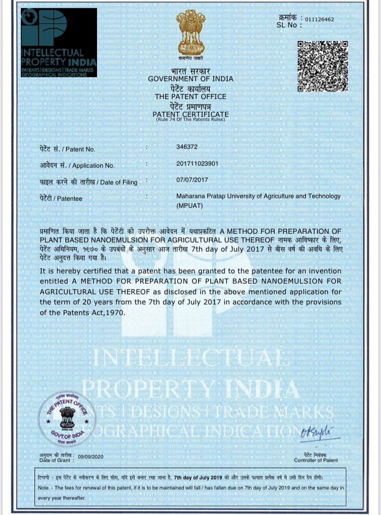 Received patent #nanoemulsion #biodegradable use in agricultural application as carrier-delivery system #slowrelease #nanofertilizer #foodpreservative <a href="/DBTIndia/">Department of Biotechnology</a> <a href="/IndiaDST/">DSTIndia</a> <a href="/RenuSwarup/">Dr. Renu Swarup</a> <a href="/icarindia/">Indian Council of Agricultural Research.</a> <a href="/AgriGoI/">Agriculture INDIA</a> <a href="/MpuatUdaipur/">MPUAT Udaipur</a> <a href="/teriin/">TERI</a>