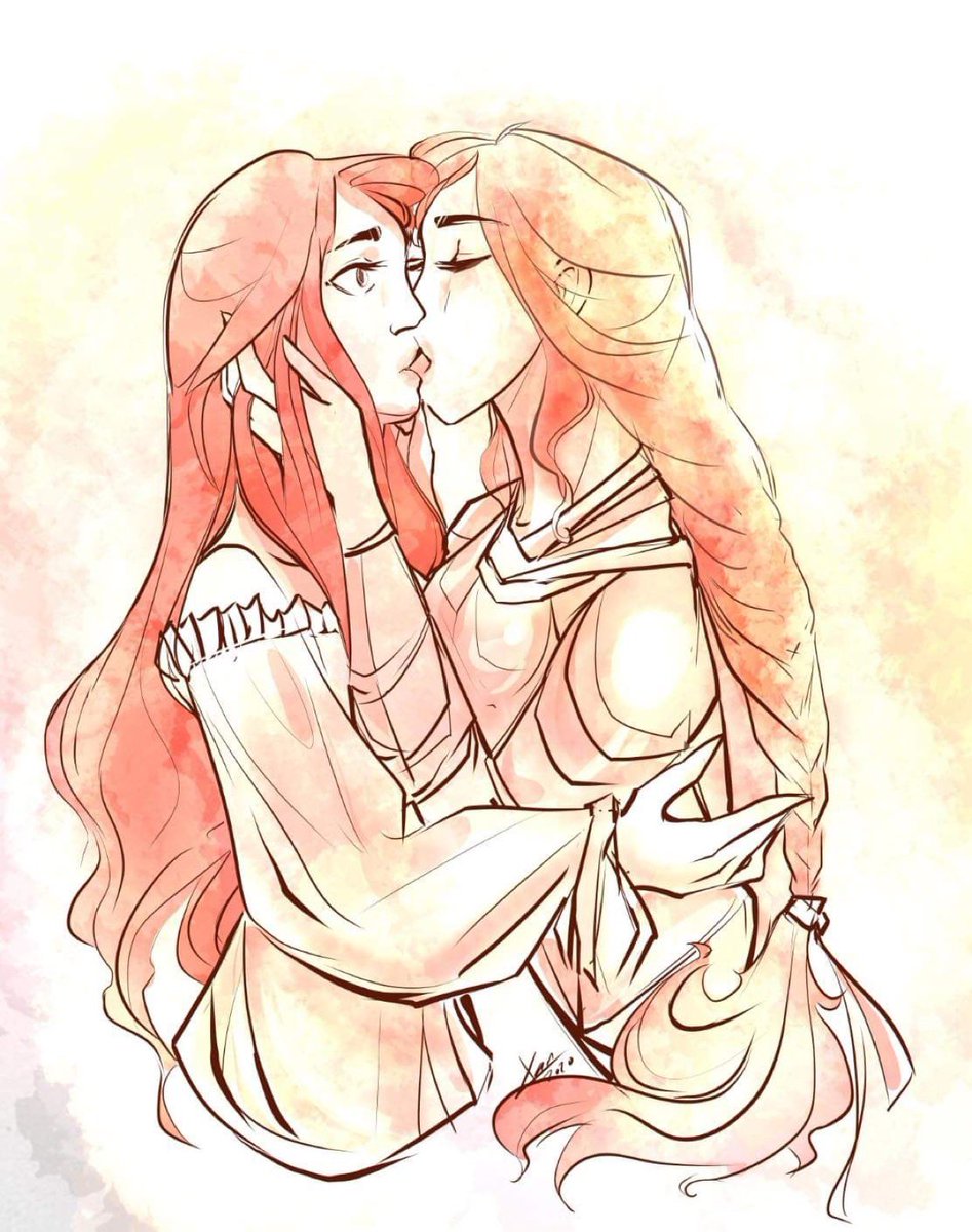 Side note: A while back I commissioned a portrait of Saesha’s first kiss. (She the one with her eyes closed. Her “Radiance” as she calls her, was surprised but pleased by the kiss.) <a href="/PaleWhiteRabbit/">Spooky Xan Larson 🍵🐇</a> hit it out of the park and captured the moment beautifully.