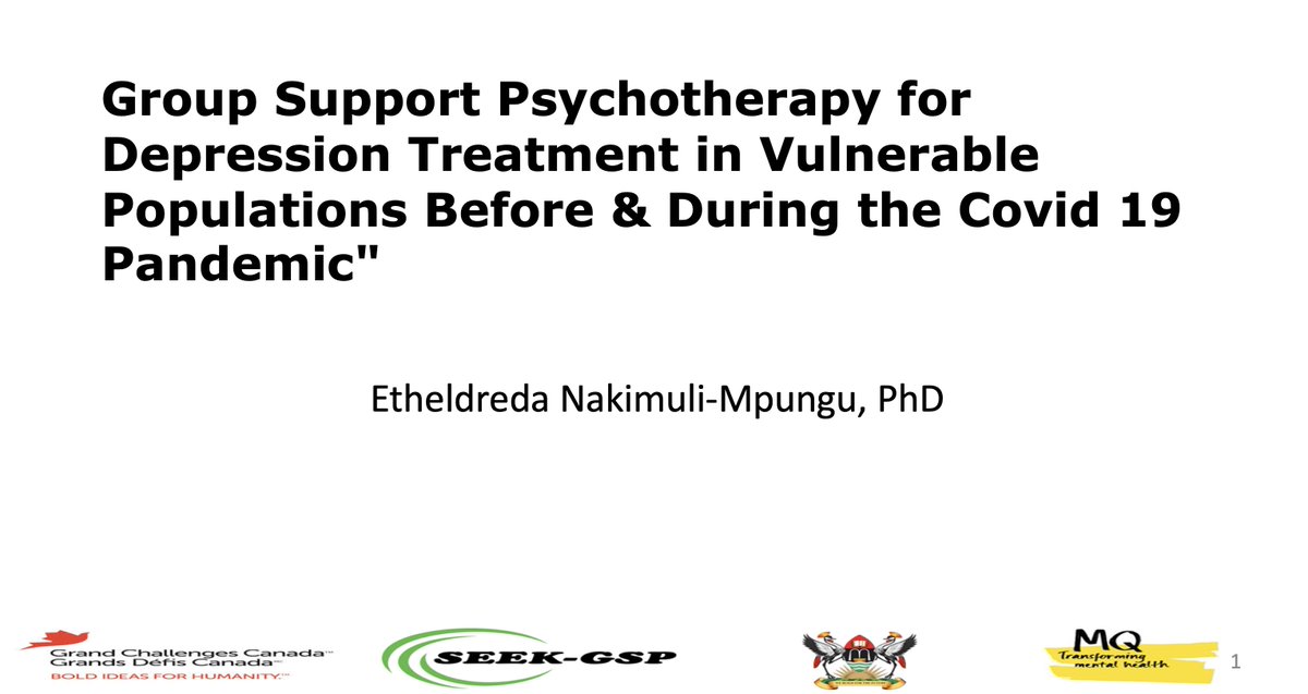 First up is Dr Ethel Mpungu  @ethelmpungu,  @MQmentalhealth from Makerere University in Kampala, Uganda"Group Support Psychotherapy for Depression Treatment in Vulnerable Populations Before and During the Covid-19 Pandemic." #IoMHconf2020