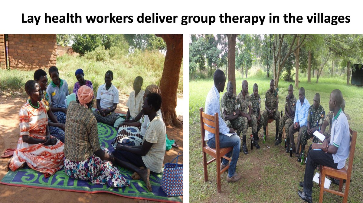 "We can train health workers to deliver group therapy for people with depression."Here are pictures of lay health workers delivering group therapy in the villages in Uganda, from the presentation by  @ethelmpungu at  #IoMHconf2020