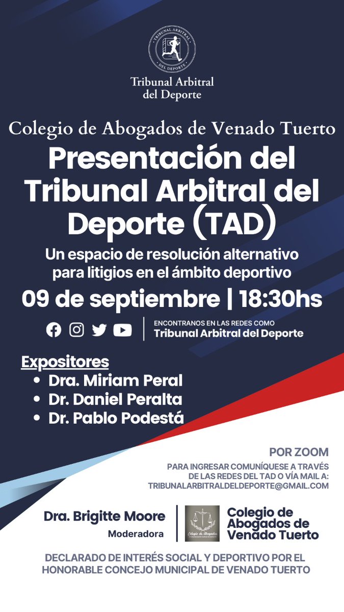 Presentación del TRIBUNAL ARBITRAL DEL DEPORTE <a href="/TAD_oficial/">Tribunal Arbitral del Deporte</a> se presenta en el Colegio de Abogados de Venado Tuerto. El TAD sigue haciendo historia. <a href="/aladdeoficial/">Aladdeoficial</a> <a href="/CastilloRecuero/">Guillermo Castillo Recuero</a> <a href="/BetGiuliodori/">ᗷetina Giuliodori</a> <a href="/lau_ghi/">Laura Ghiglione</a> <a href="/Hernanrubiola/">Hernán Rubiola</a> <a href="/oep55/">Oscar Perello</a> <a href="/BallesterFacu/">Facundo Ballester</a>