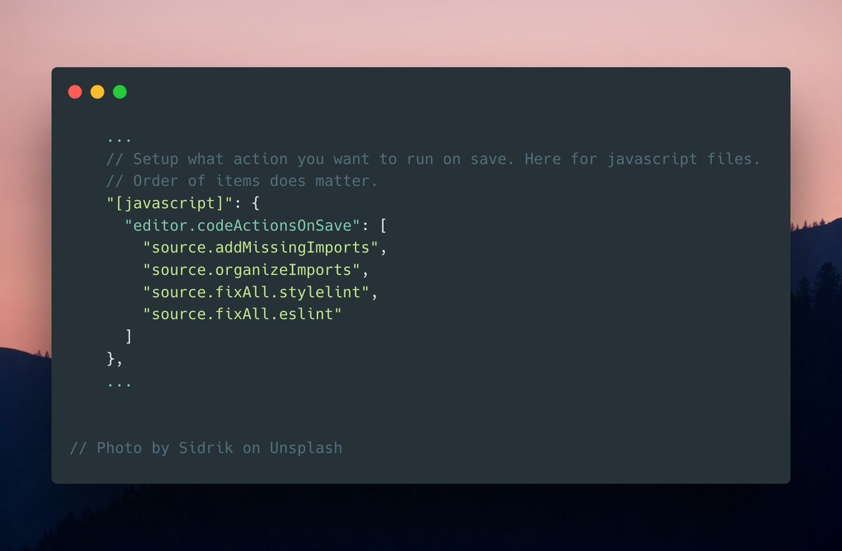 pustelto's tweet photo. VS @code tip - use "editor.codeActionsOnSave" to trigger extra actions when saving files. Eg. add missing imports, organize imports in JS/TS files, or fix eslint issues. Available actions depend on selected language and installed extensions (thanks @mattbierner for quick help). https://t.co/tcZCnNk98j