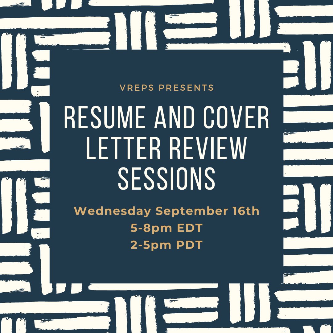 VisResAssn's tweet photo. Missed the last resume/cover letter review session? That's alright, VREPS has you covered! Our next session will be on Sept 16th, from 5-8pm EDT. Each meeting is 45 min, held over zoom. We hope to see you there!!

Sign up here: https://t.co/lMePCz8xLU https://t.co/o24kTKNYHC
