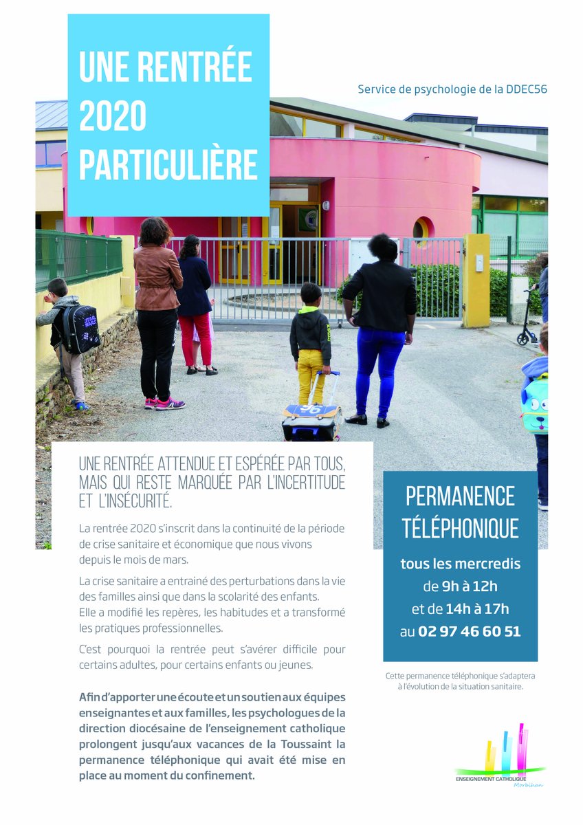 ddec56's tweet photo. La rentrée, attendue et espérée par tous, peut s'avérer difficile pour certains. Pour cela, les psychologues de la DDEC maintiennent la permanence téléphonique mise en place lors du confinement.
https://t.co/JXIqEm8tjQ
#ddec56 https://t.co/5fFiU3ArBZ