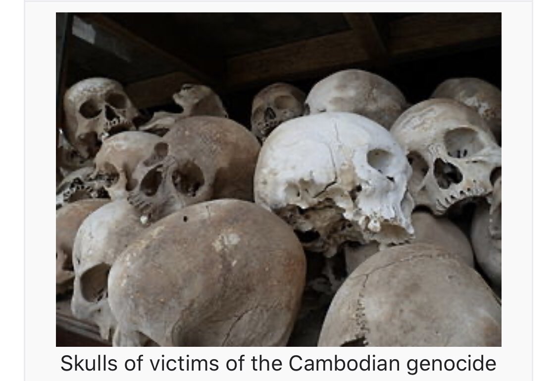 The  #CambodianGenocide was the systematic persecution and killing of Cambodians by the Khmer Rouge under the leadership of Pol Pot, who radically pushed  #Cambodia towards communism. It resulted in the deaths of 1.5 to 2 million people from 1975 to 1979. (16/17)