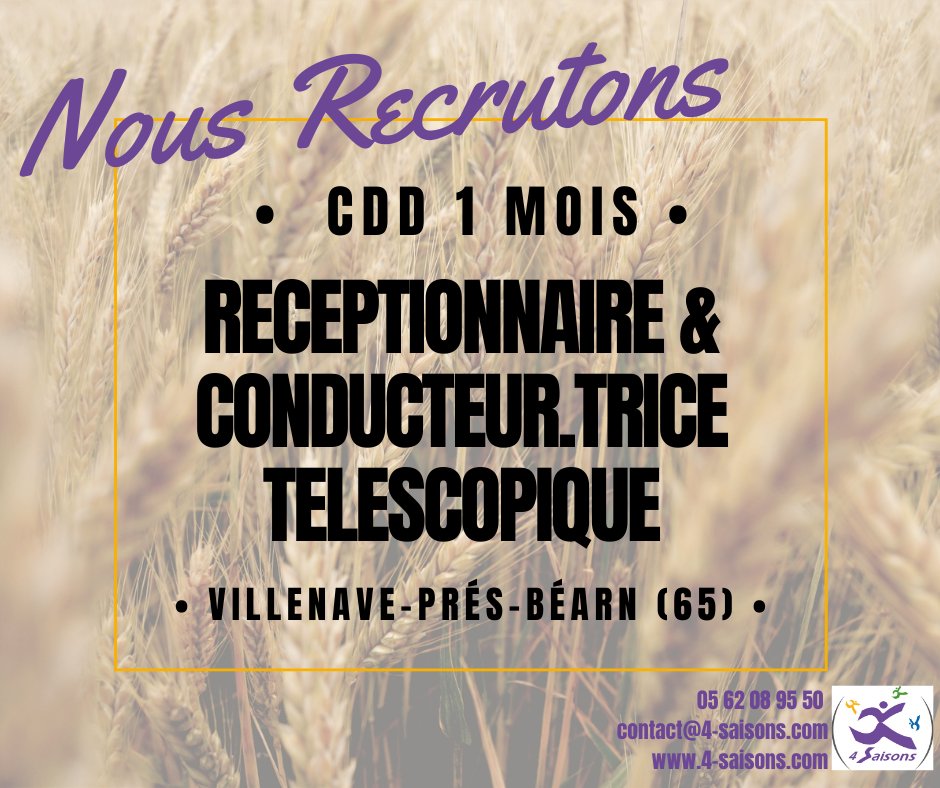 🌾 OFFRE D'EMPLOI 🌾
Nous recherchons pour l'un.e de nos adhérent.e.s un.e Réceptionnaire et conducteur.trice télescopique de site de collecte de céréales. Vous avez le profil ? Plus d'infos sur l'offre et possibilité de postuler en ligne : bit.ly/2R9IhqR