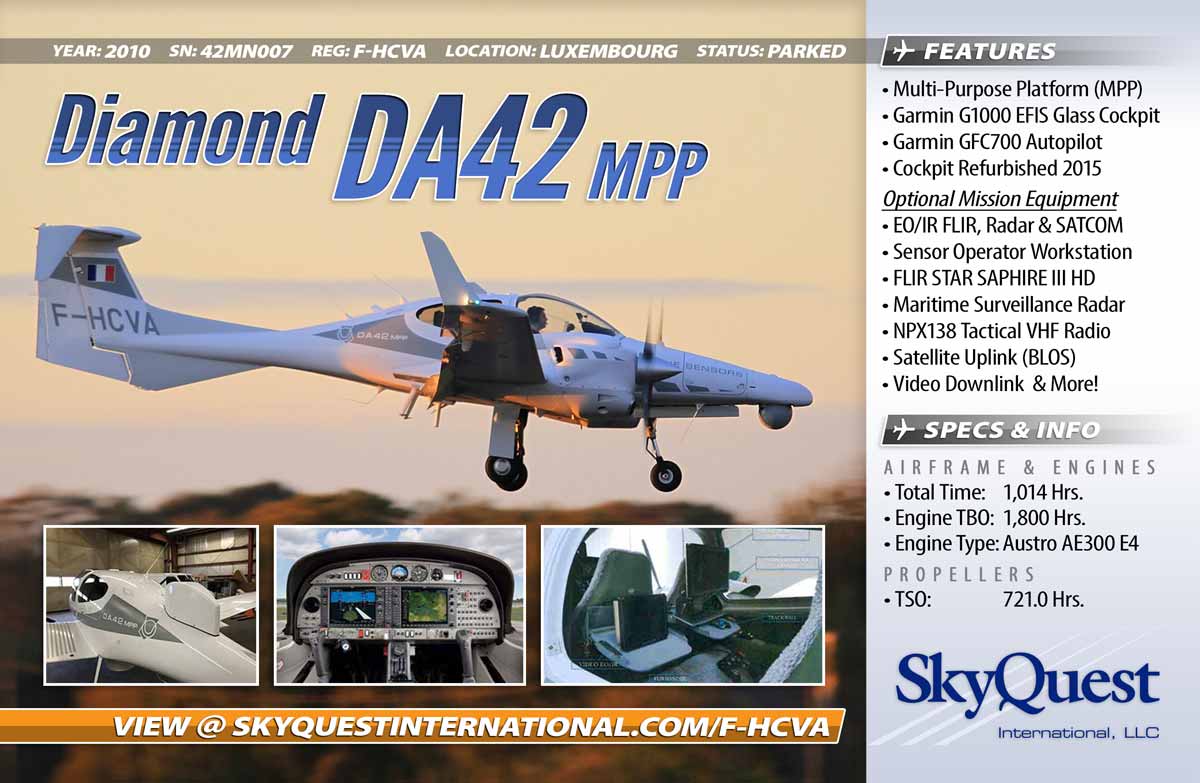 skyquestint's tweet photo. SQI Aircraft Sales ✈ Diamond DA-64 Multi-Purpose w/Optional Mission Equipment. Check it out at https://t.co/MLIqk2fcAf  #aircraftforsale #aircrafts #mission #flir https://t.co/Ewipc6Rxin