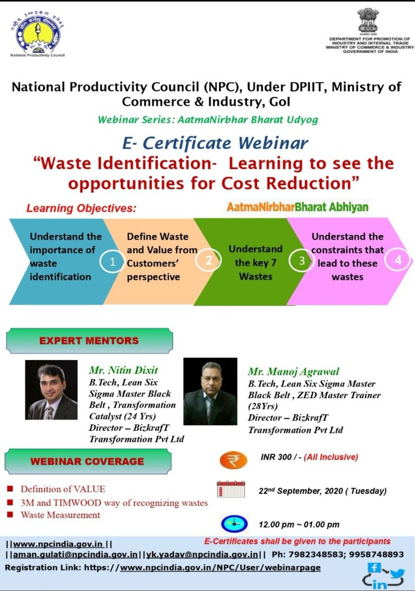 yadu86's tweet photo. Dont miss,Register now for Webinars of @NPC_INDIA_GOV CoE:I4.0 on #CostofQuality(17 Sept, 20) &amp; #WasteIdentification (22 Sept, 20)  
Link1: https://t.co/zQk8HBU2xG
Link2: https://t.co/fkBNJVBD1U
#AatmaNirbharBharatUdyog 
#VocalForLocal 
#DigitalIndia
#KYP
#NPC
#npccertificate https://t.co/83EqWyQvXJ