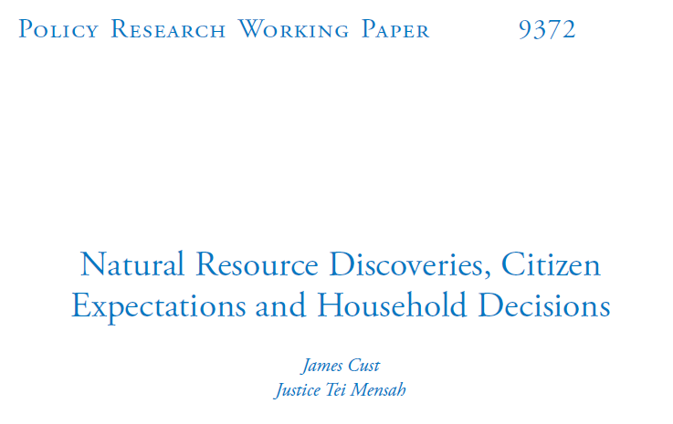 “Natural Resource Discoveries, Citizen Expectations and Household Decisions”New WB paper from  @myjumens and me. We measure how much citizen’s expectations and behavior changes following major oil and gas discoveriesLink to paper:  https://documents.worldbank.org/en/publication/documents-reports/documentdetail/796881598889032254/natural-resource-discoveries-citizen-expectations-and-household-decisionsThread:1/5