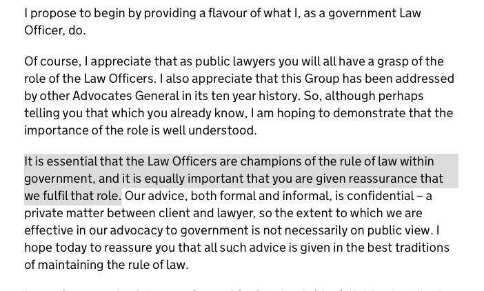 Very hard to understand how Lord Keen can stay in place as Advocate General after today and retain any respect; he's (rightly) been quite clear that it's his core job to defend the rule of law, which HMG now rejects. Here's a series of quotes from him: 1/5