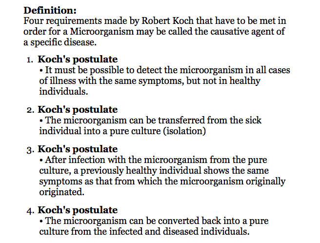 11) Definition:Four requirements made by Robert Koch that have to be met in order for a Microorganism may be called the causative agent of a specific disease.[see image]