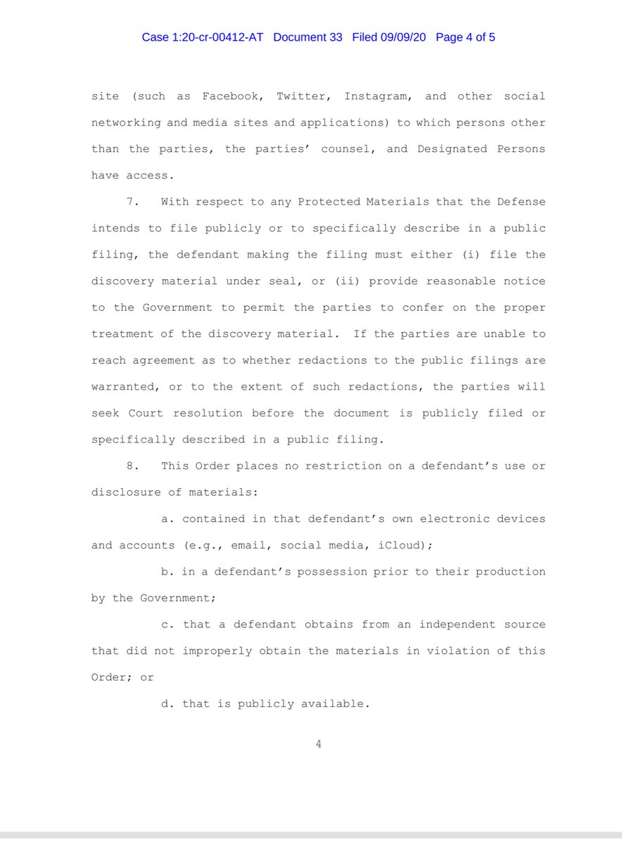 As expected the Court approved the protective order - largely adopting the terms the Government submitted.Also it’s been almost 10 days & the Govt has yet to file a “show cause” which is completely nuts.Given Kolfage & Bannon’s conduct  https://ecf.nysd.uscourts.gov/doc1/127027556649?caseid=542569