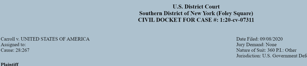The case formerly known as E. Jean Carroll v. Donald J. Trump has now been docketed under its new caption: Carroll vs. United States of America.