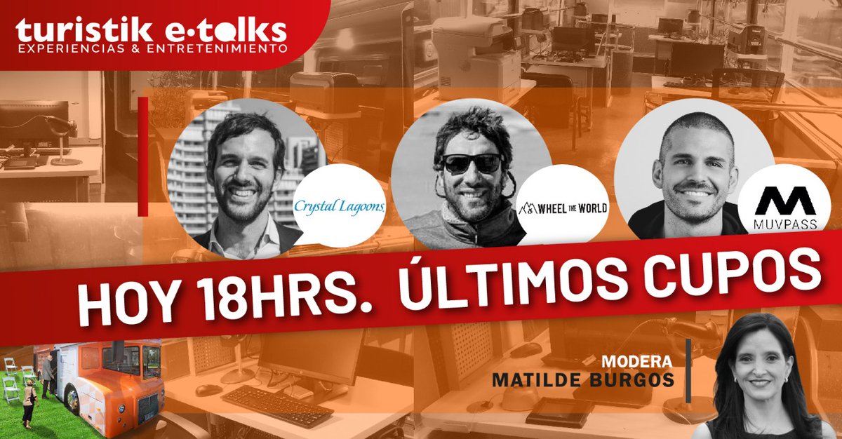🕛 HOY #FelizMiercoles A LAS 18 HRS! 
ÚLTIMO WEBINAR del ciclo de e-Talks de Innovación y Marketing post-pandemia de #Turistik.
Grandes exponentes de las #startups @CrystalLagoons, <a href="/MuvPass/">MuvPass</a> y <a href="/wheeltheworld/">Wheel the World</a>.
Ingresa 5 min antes al Link de Zoom 
us02web.zoom.us/j/89208397696