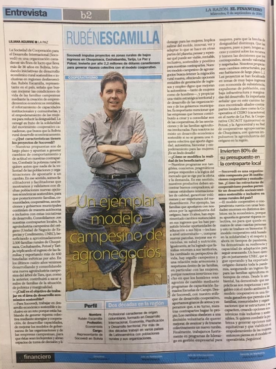 SOCODEVI's tweet photo. 🌟¡Una entrevista con nuestro representante en #Bolivia y director del proyecto #PROMAVI, Rubén Escamilla, aparece en primera plana del suplemento económico del diario @LaRazon_Bolivia📰 https://t.co/yWVdAlVyiT | @CanadaenBolivia | #Socodevi #PensemosCoop #Coops4Dev https://t.co/92jutoJZey