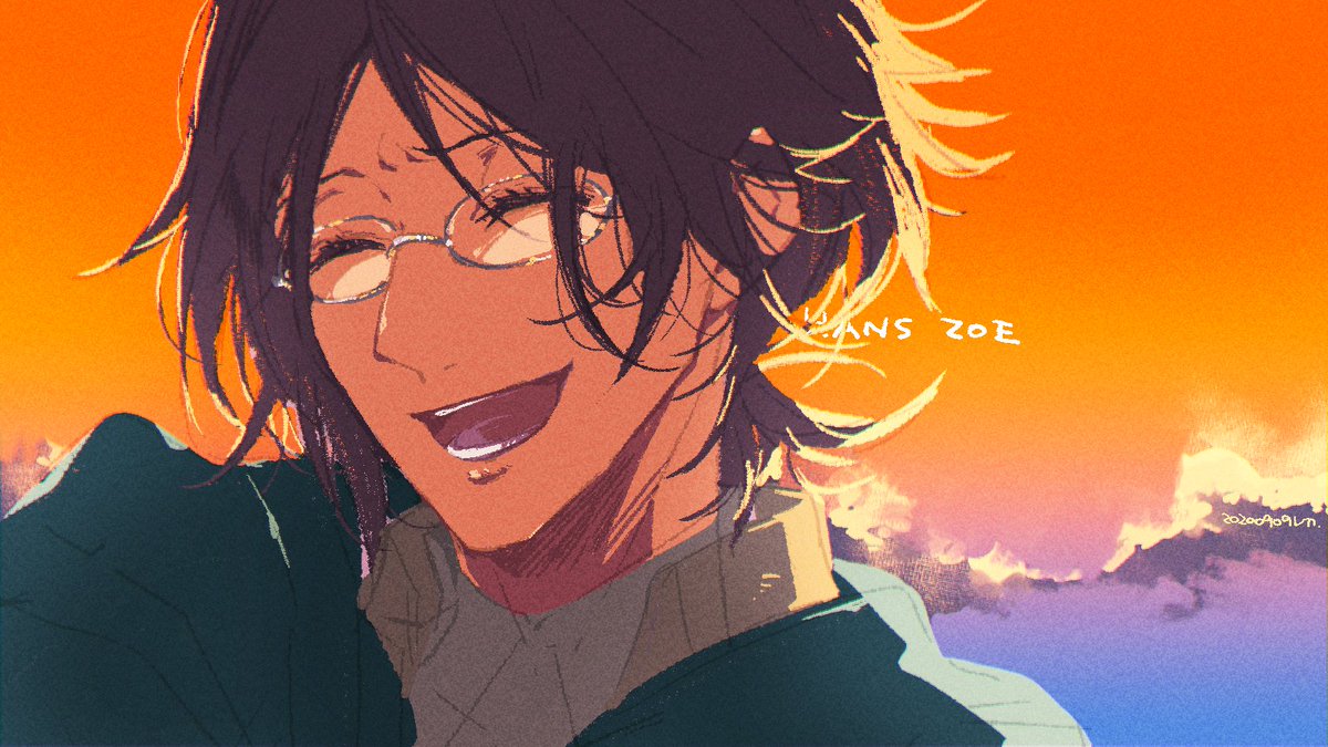 1boy male focus glasses solo closed eyes smile open mouth  illustration images