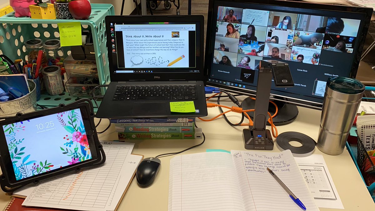 CujarsClassroom's tweet photo. I think I’ve finally gotten a set up that works for me. This is teaching in a pandemic looks like! #somanyscreens https://t.co/XDq6orwbzN