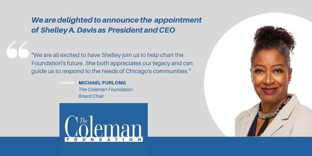 Coleman_Fdn's tweet photo. Please join us in welcoming @Shelley_A_Davis, our new President &amp; CEO! #philanthropy #chicagophilanthropy #nonprofit #womeninphilanthropy

https://t.co/gUerpDU589 https://t.co/JJNEQLPEQs