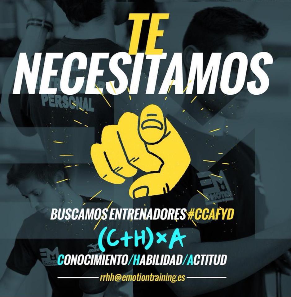 Buscamos ampliar el equipo E-Motion. Buscamos alguien que nos aporte entusiasmo, que tenga ganas de aprender, y de enseñar, y que nunca se conforme con los conocimientos que ya tiene. Ah, y que su amor hacia los entrenados sea infinito 😍 Escríbenos a rrhh@emotiontraining.es