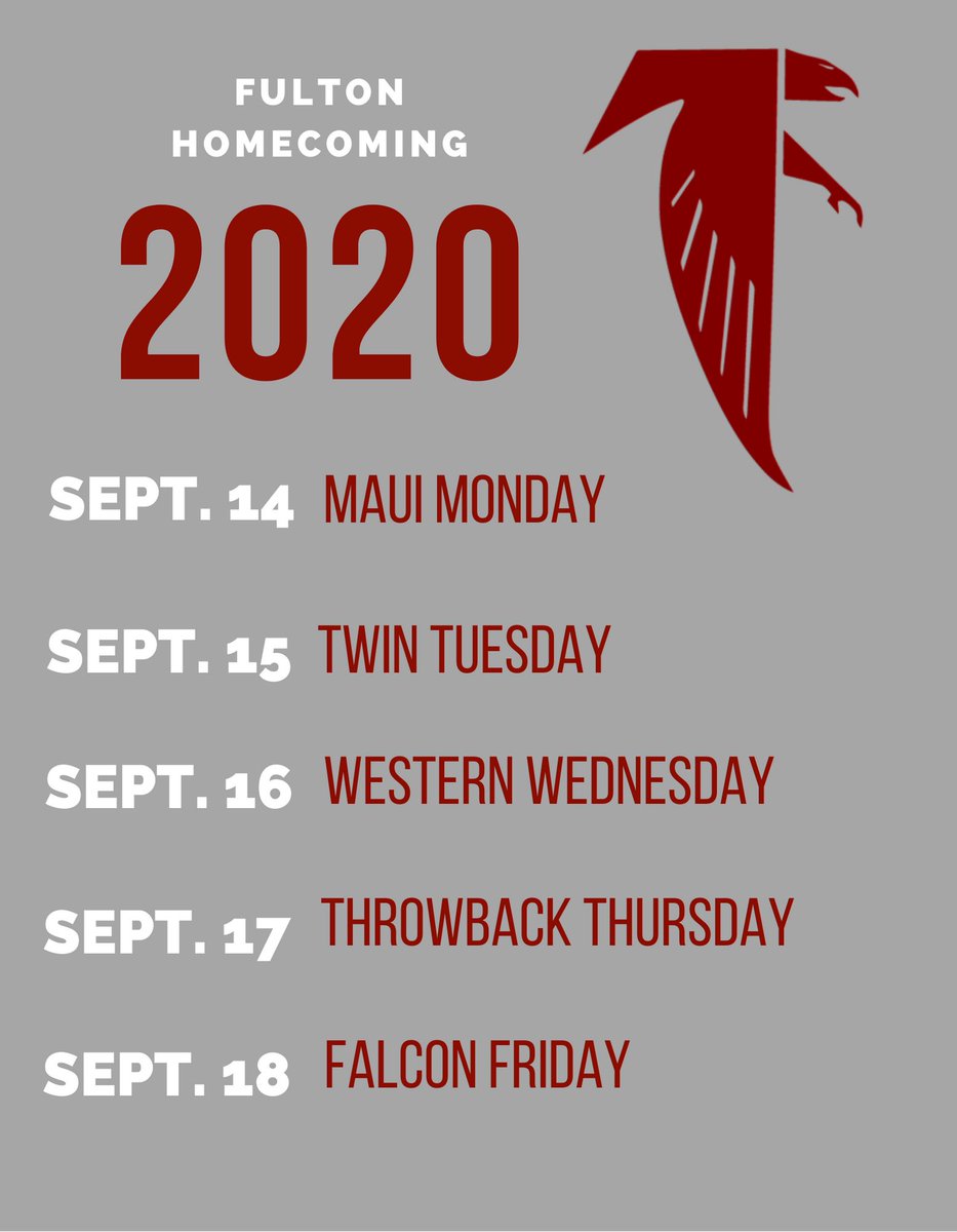 Hey Fulton Falcons! Next week is HOMECOMING WEEK!!! We may not be able to have a dance, but we can still show our spirit. Here is the line up for next week’s dress up days! Remember: you must follow KCS dress code! <a href="/Fulton_SGA/">Fulton_SGA</a> <a href="/FultonFootball/">Fulton Football</a> <a href="/sjsmith2509/">Seth Smith</a>