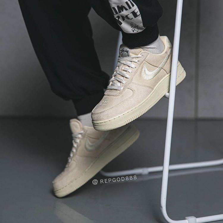 stussy x nike air force one low fossil stone