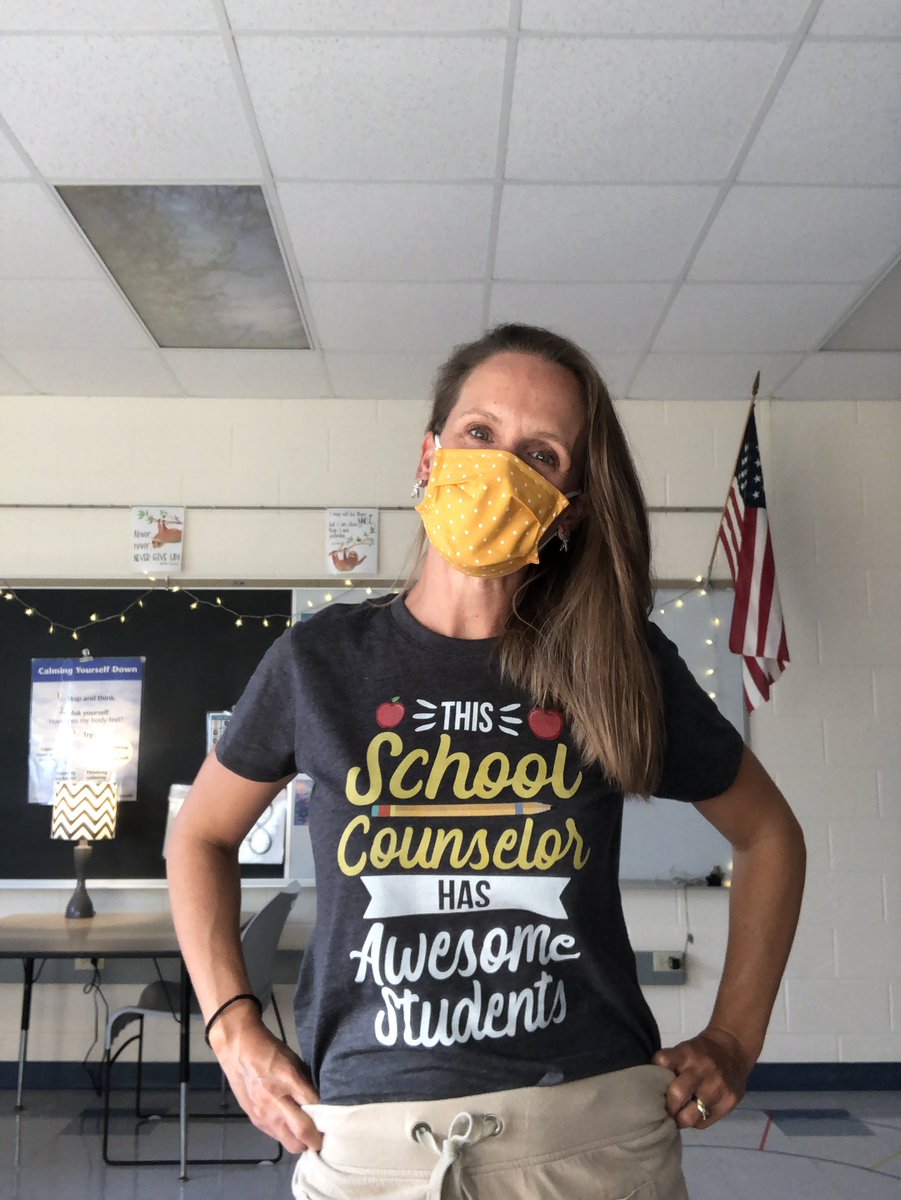 BriGallagherSC's tweet photo. This was me yesterday on our first student day.  Wearing my game face under my mask.  Students and staff were AMAZING!  Lots of kids and adults walking in appearing nervous but leaving happy.❤️ https://t.co/aOPj4a9NyS