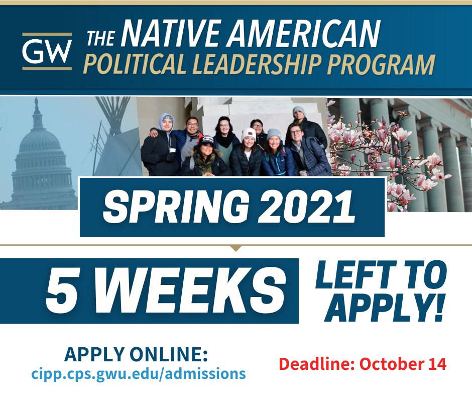 ⭐️5 weeks left to apply for Spring 2021!⭐️
APPLY: bit.ly/2QntSqD ☑️DUE: October 14, 2020

NAPLP is a FULL SCHOLARSHIP program that gives #Native students and recent grads the chance to intern and study tribal policy in Washington, DC.
Learn more: bit.ly/32nOW6b
