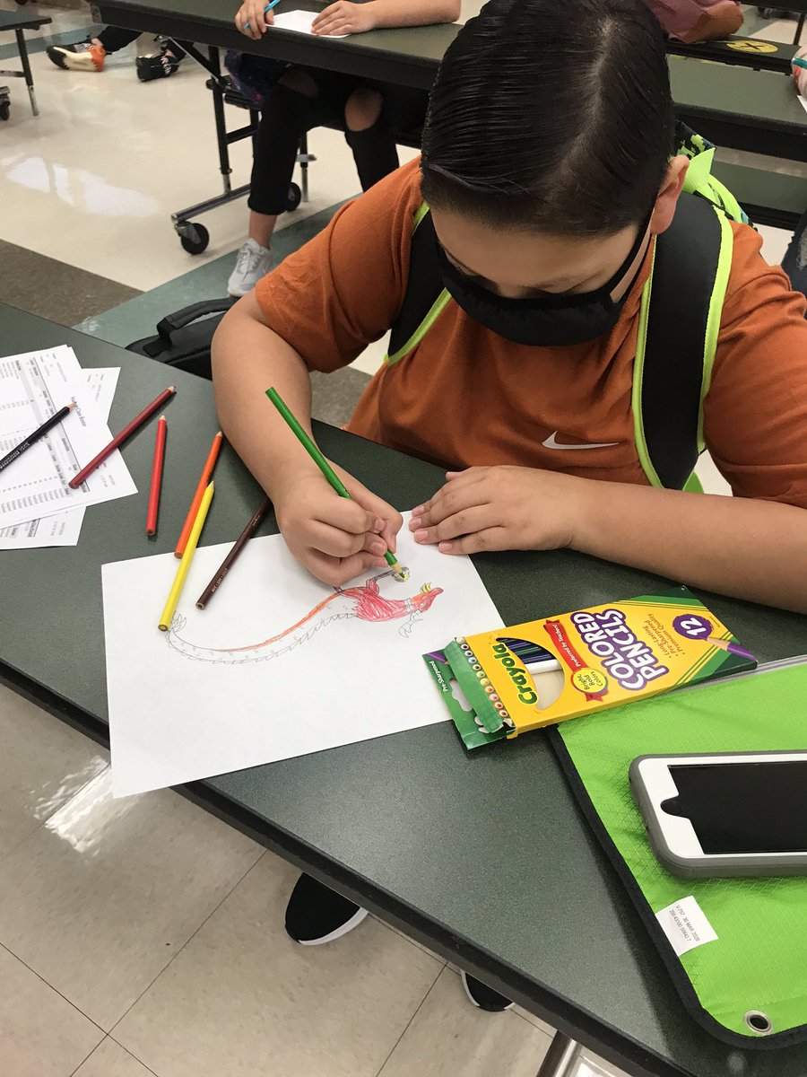 ASeidenberger1's tweet image. “Dragons Love Tacos” read aloud art activity following hearing the book!   Literacy focused Toreador Time for Jim Barnes Middle School students is underway! #ToREADors